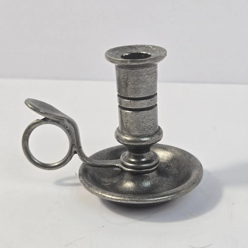 Vintage Morgan Pewter Chamberstick Candlestick Holder with Finger Loop Handle